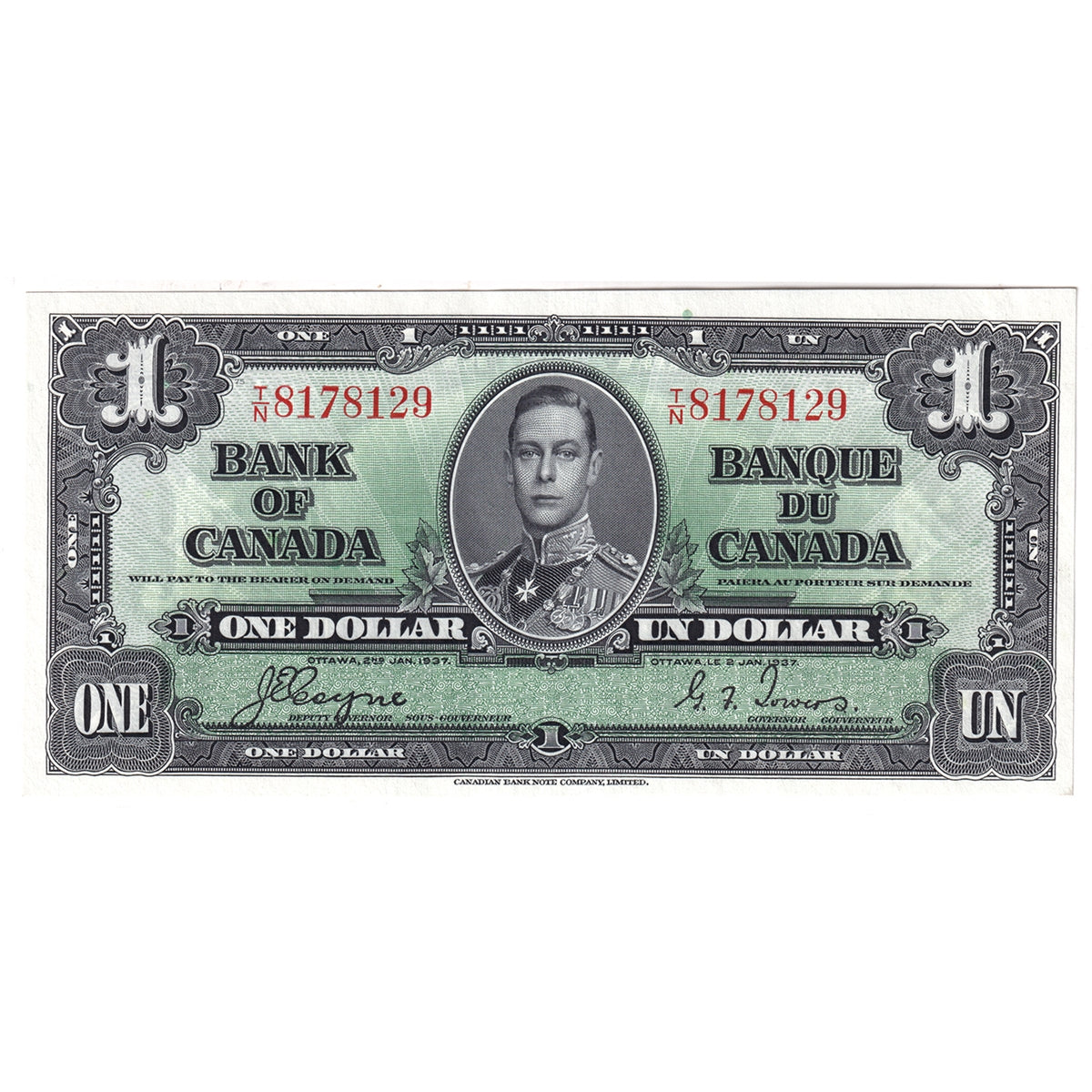 BC-21d 1937 Canada $1 Coyne-Towers, T/N, AU-UNC (AU55)