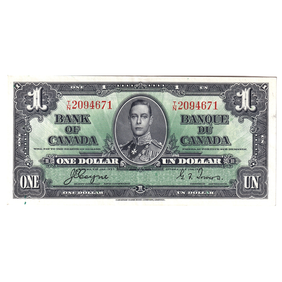 BC-21d 1937 Canada $1 Coyne-Towers, T/N, AU