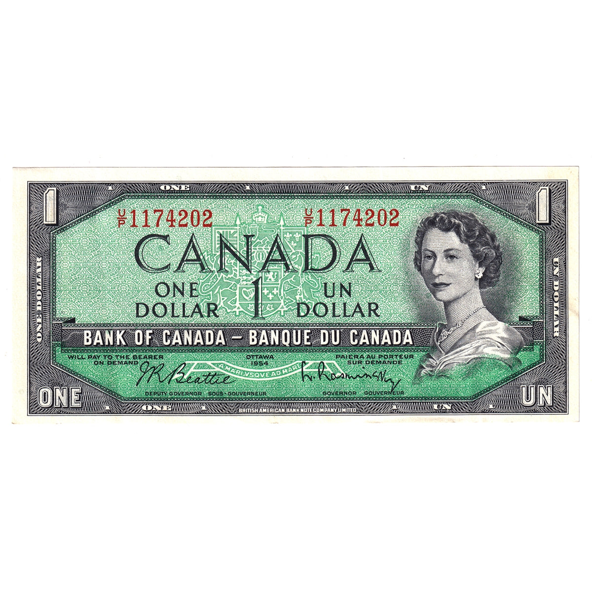 BC-37b-i 1954 Canada $1 Beattie-Rasminsky, R/P, Extra Fine (EF40)