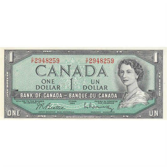 BC-37b-i 1954 Canada $1 Beattie-Rasminsky, C/F, Choice Uncirculated (CUNC63)