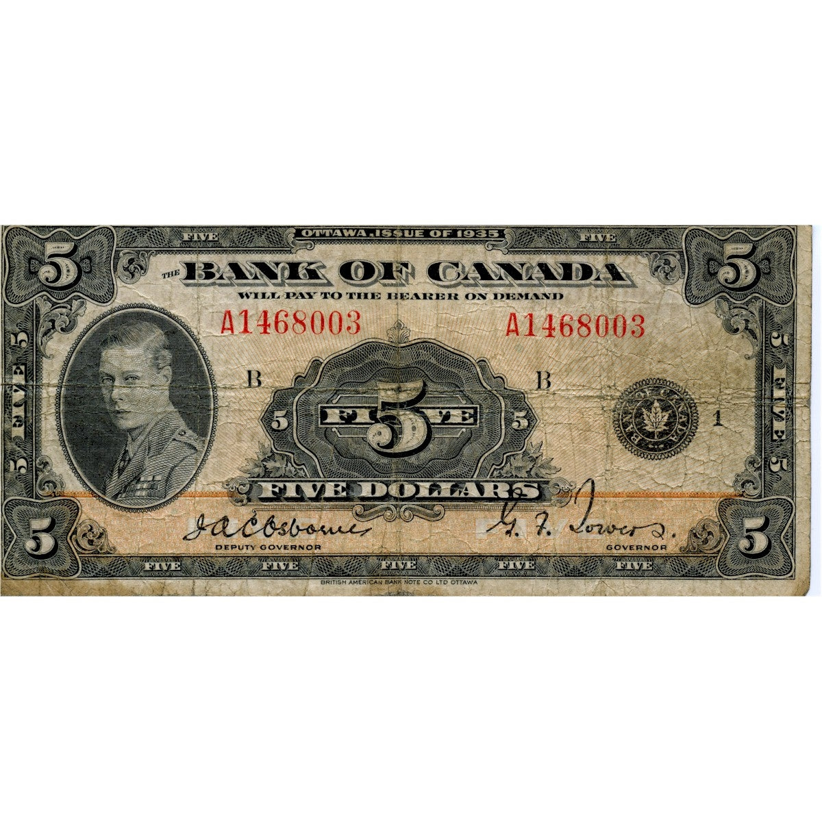 BC-5 1935 Canada $5 Osborne-Towers, English, Very Good (VG8)
