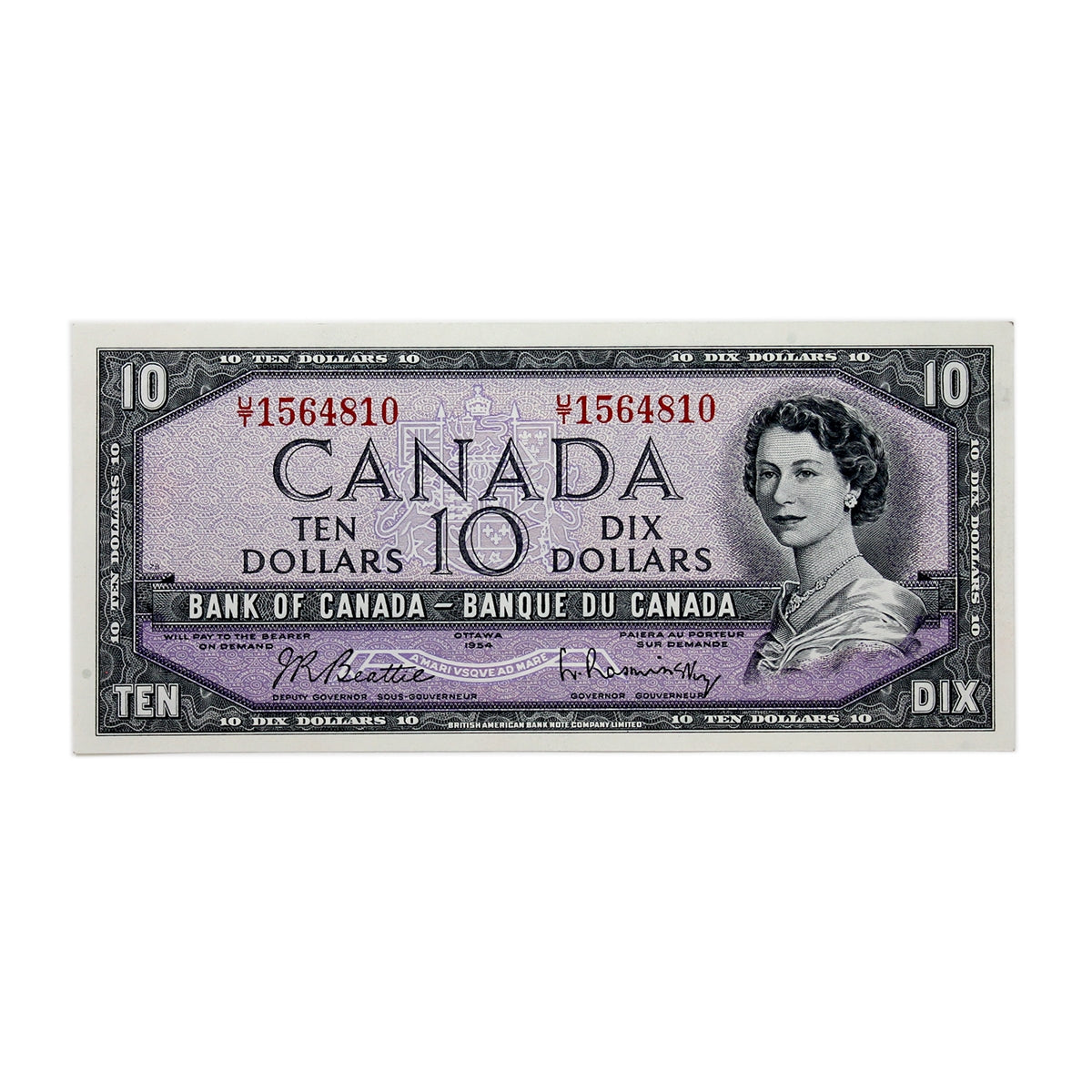 BC-40b 1954 Canada $10 Beattie-Rasminsky, U/T, Uncirculated (MS60)