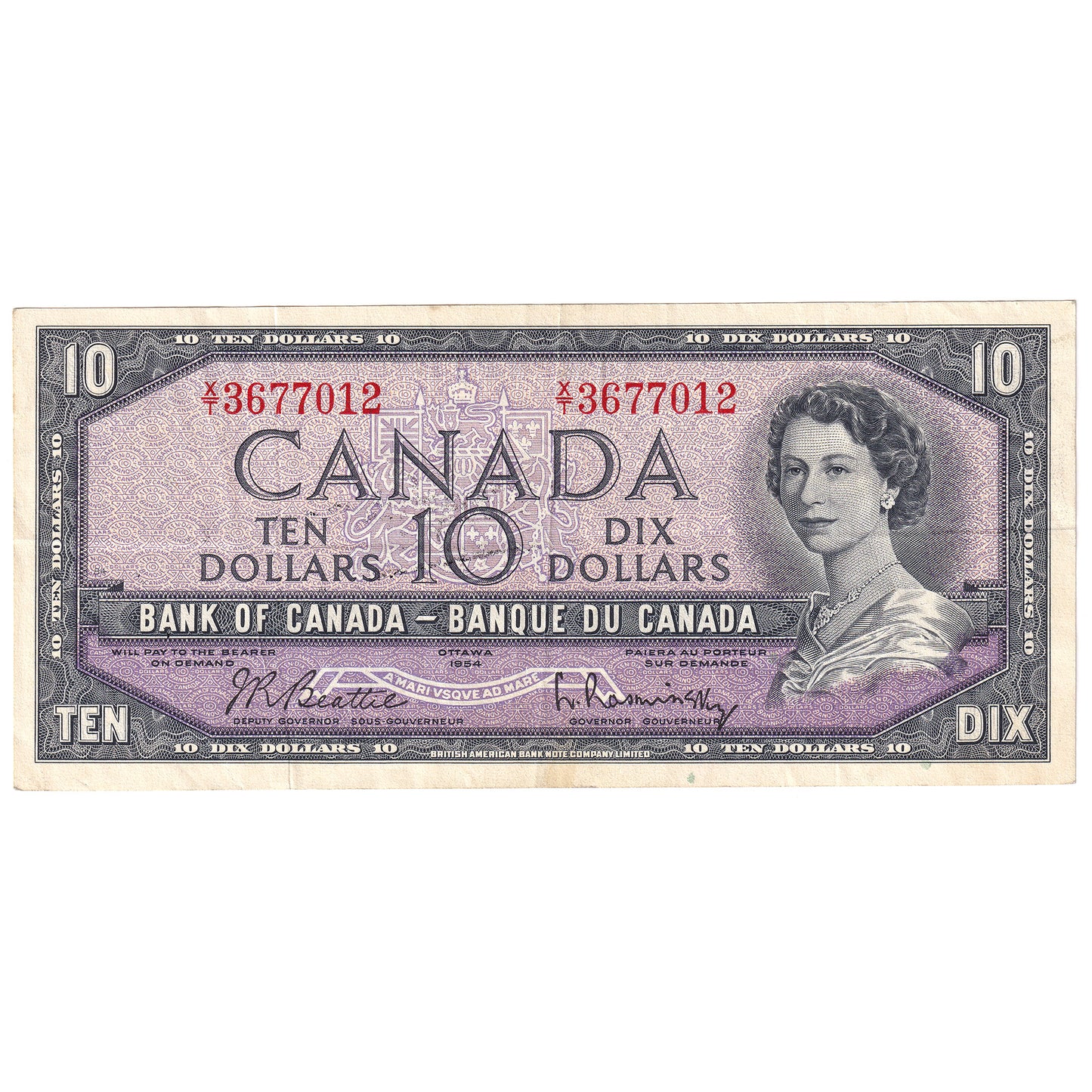 BC-40b 1954 Canada $10 Beattie-Rasminsky, X/T, VF-EF