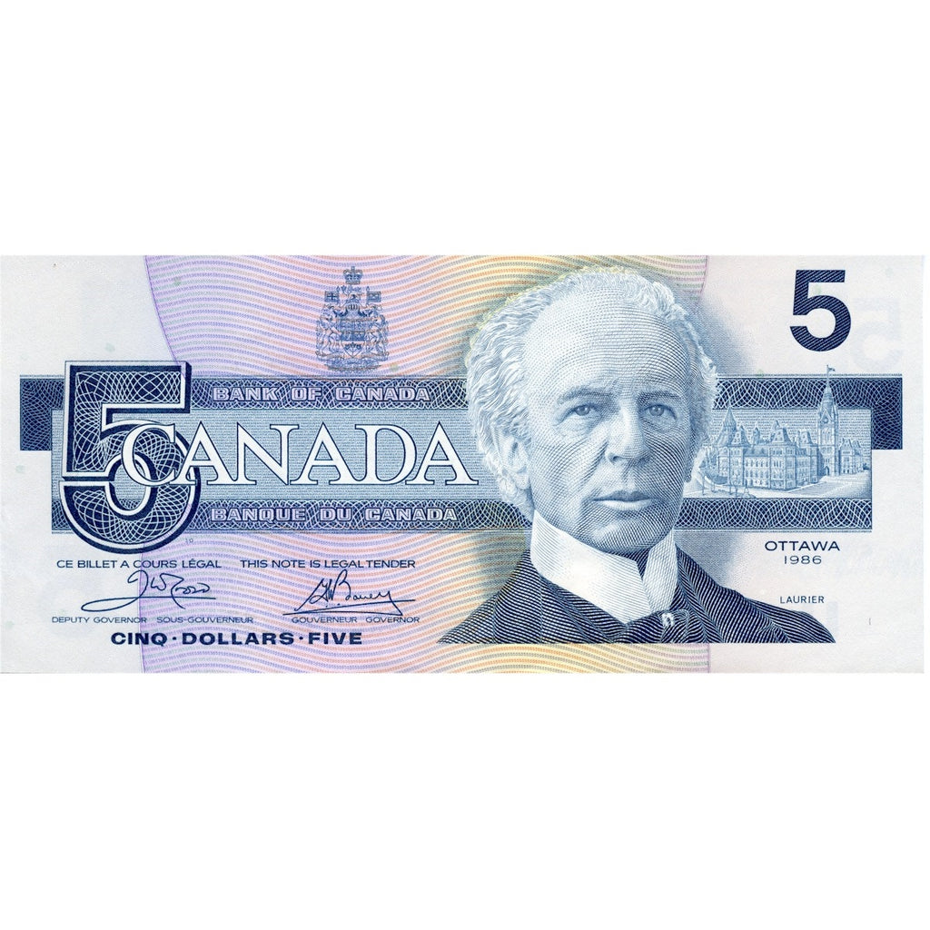 BC-56a 1986 Canada $5 Crow-Bouey, ENL, Almost Uncirculated (AU50)