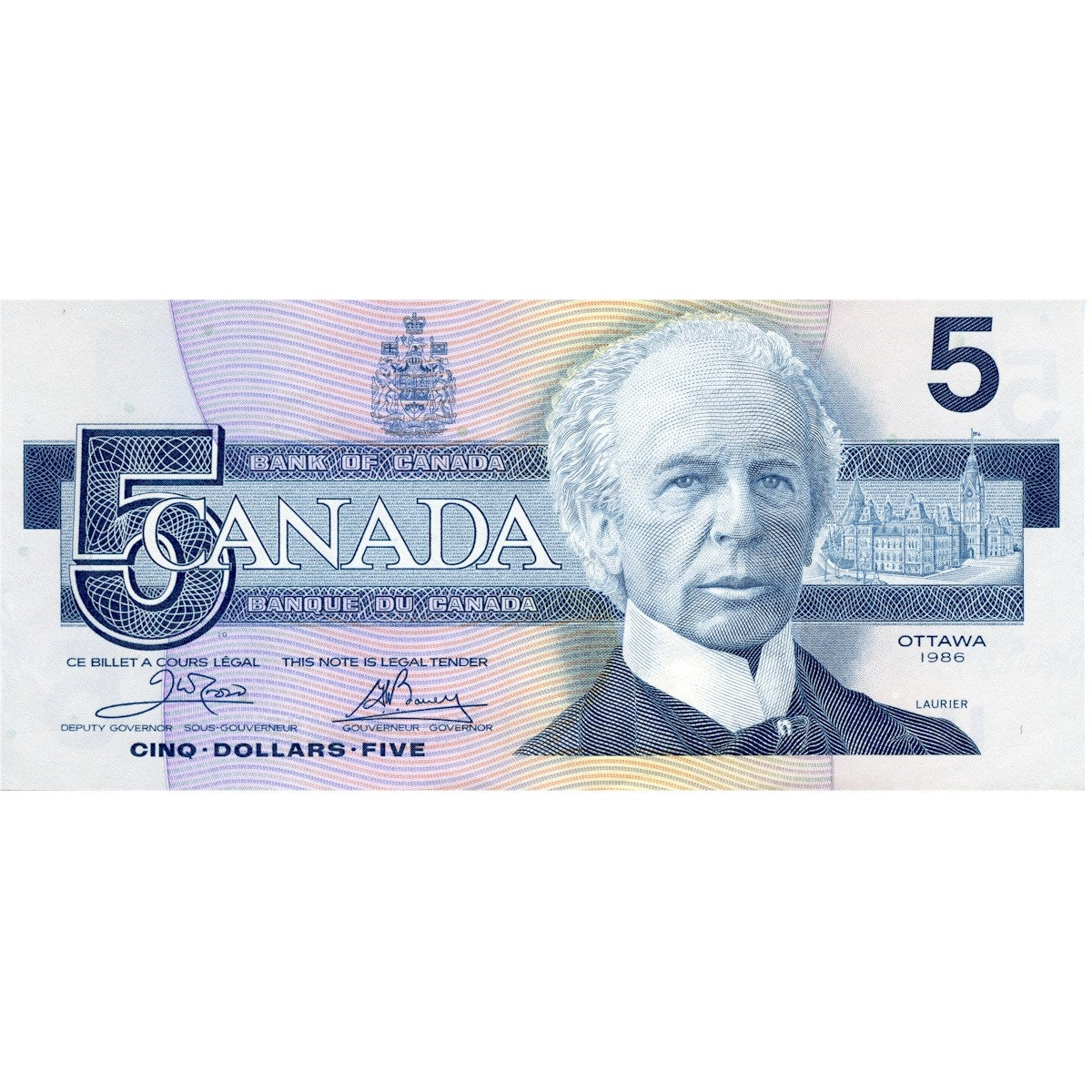 BC-56a 1986 Canada $5 Crow-Bouey, ENL, Almost Uncirculated (AU50)