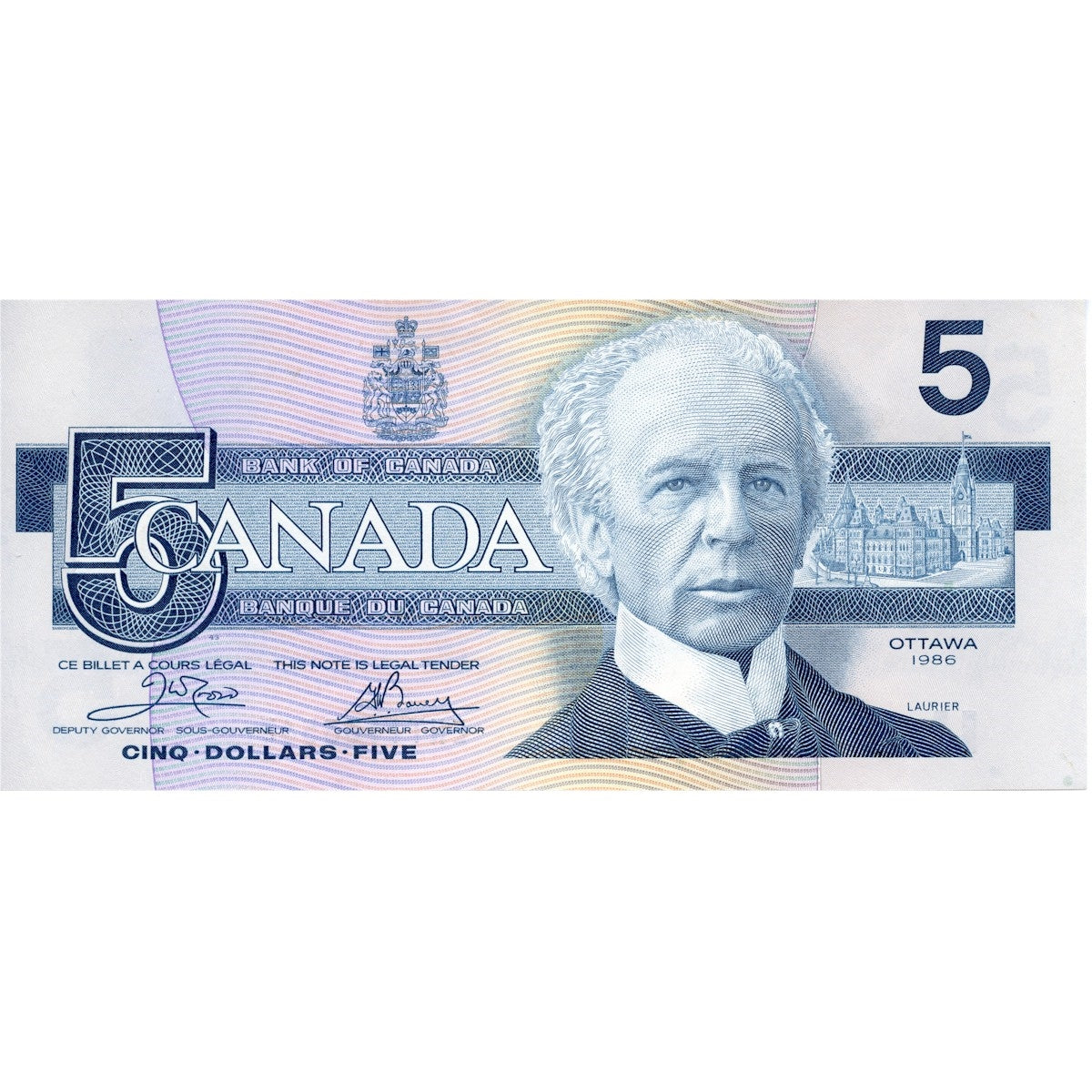 BC-56a 1986 Canada $5 Crow-Bouey, ENT, Almost Uncirculated (AU50)