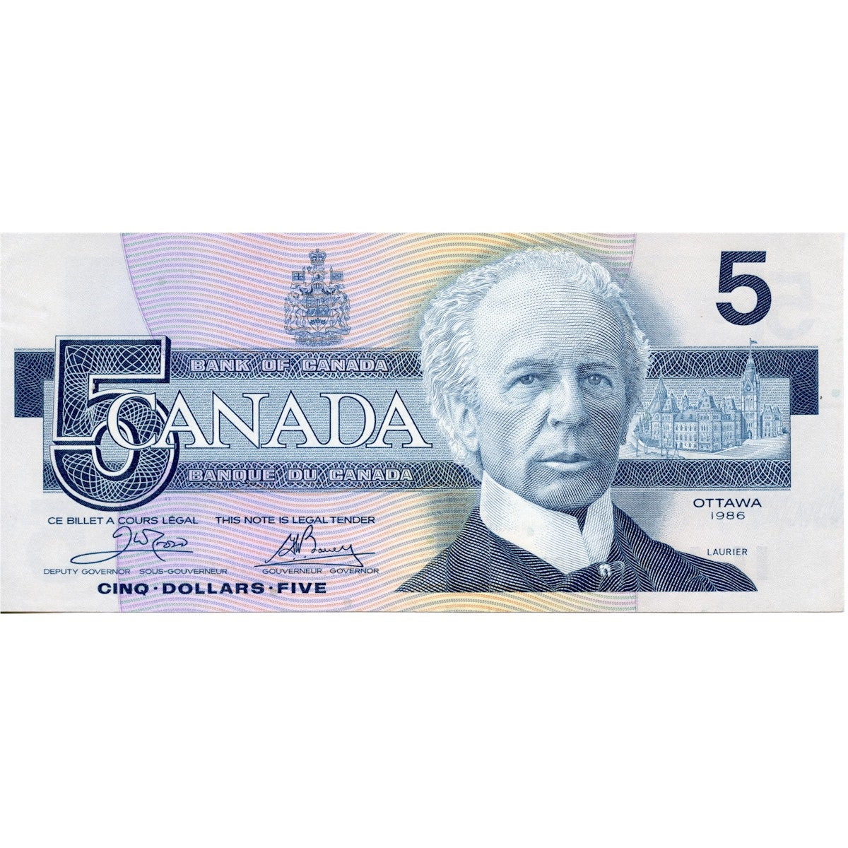 BC-56a 1986 Canada $5 Crow-Bouey, EOA, Almost Uncirculated (AU50)