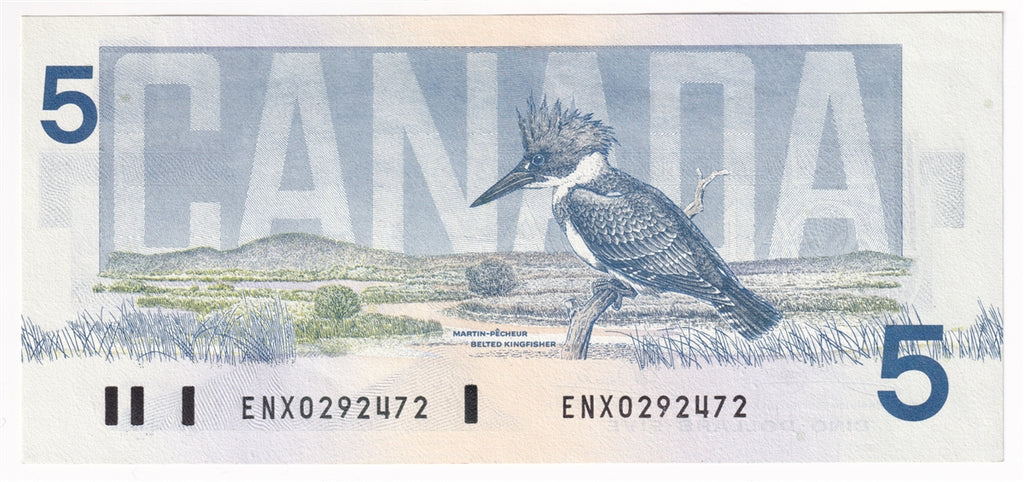 BC-56aA 1986 Canada $5 Crow-Bouey, ENX, Yellow Back Position Number, AU-UNC (AU55)