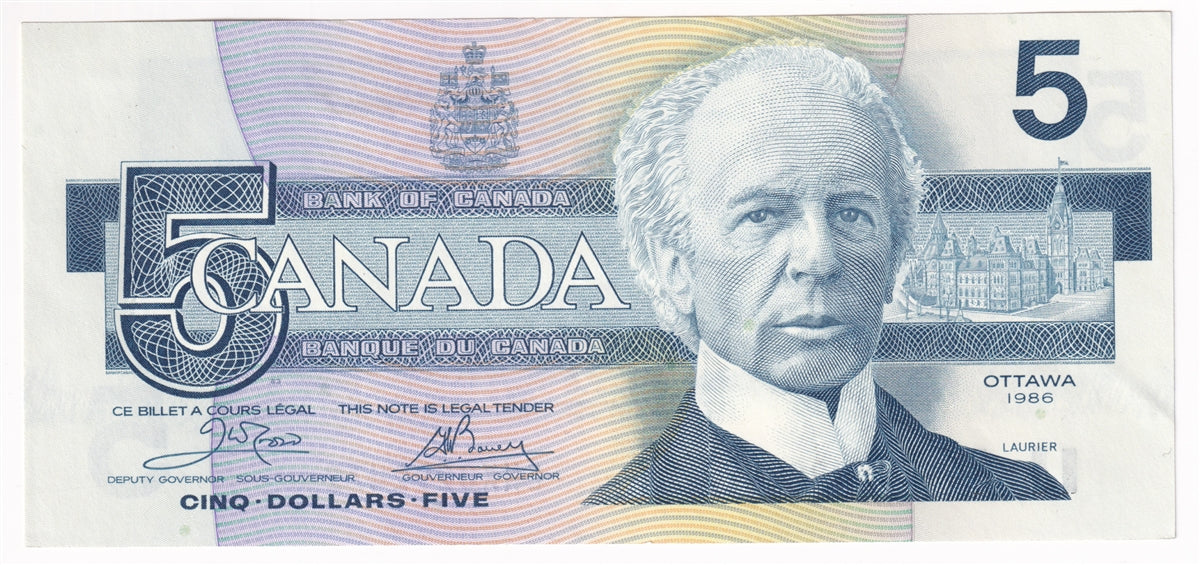 BC-56aA 1986 Canada $5 Crow-Bouey, ENX, Yellow Back Position Number, AU-UNC (AU55)