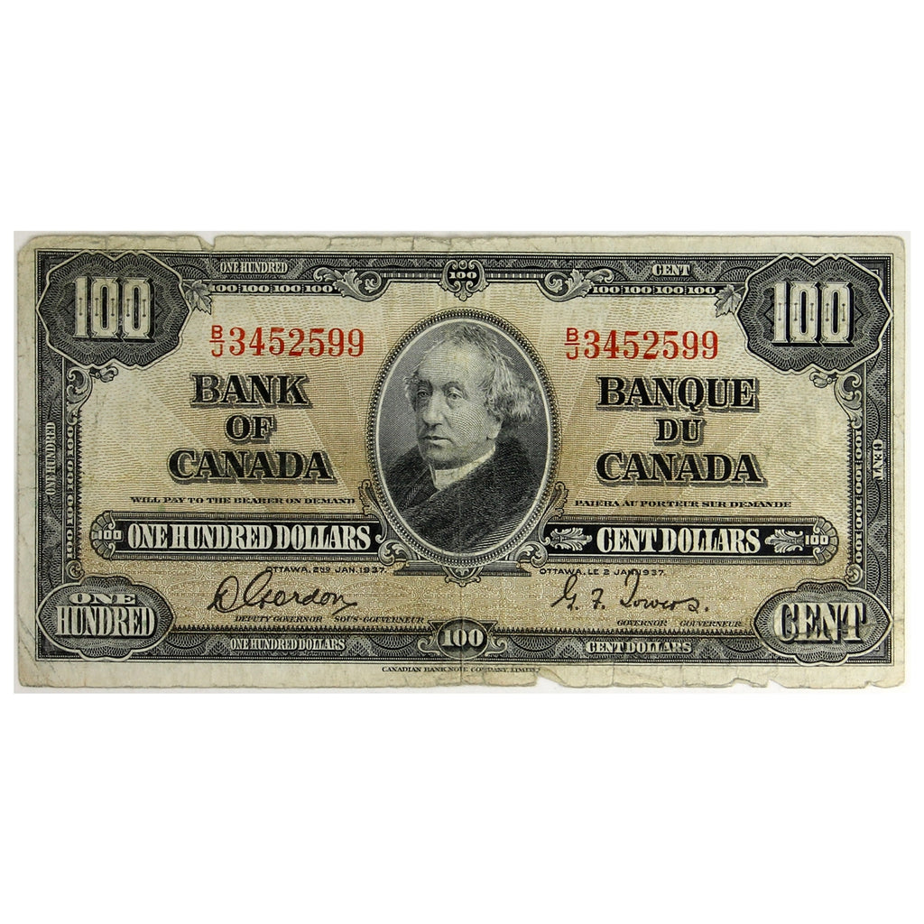 BC-27b 1937 Canada $100 Gordon-Towers, B/J, Circ