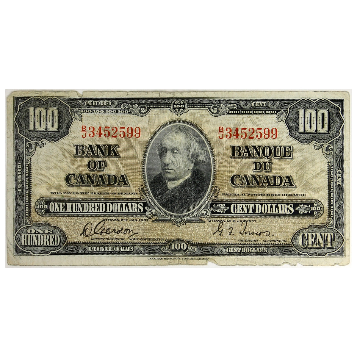 BC-27b 1937 Canada $100 Gordon-Towers, B/J, Circ
