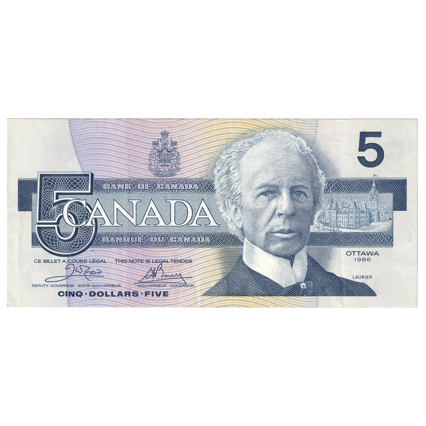 BC-56aA 1986 Canada $5 Crow-Bouey, ENX, Yellow Back Position Number, VF-EF (VF30)
