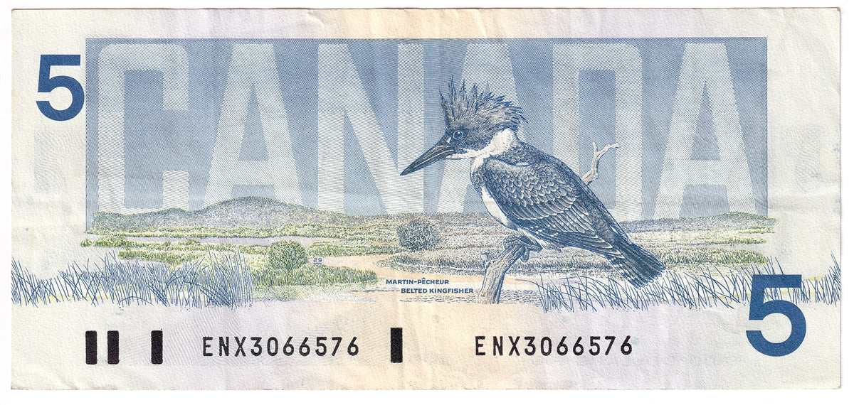 BC-56aA-i 1986 Canada $5 Crow-Bouey, ENX with Blue BPN, Very Fine (VF20)
