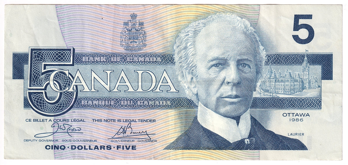 BC-56aA-i 1986 Canada $5 Crow-Bouey, ENX with Blue BPN, Very Fine (VF20)