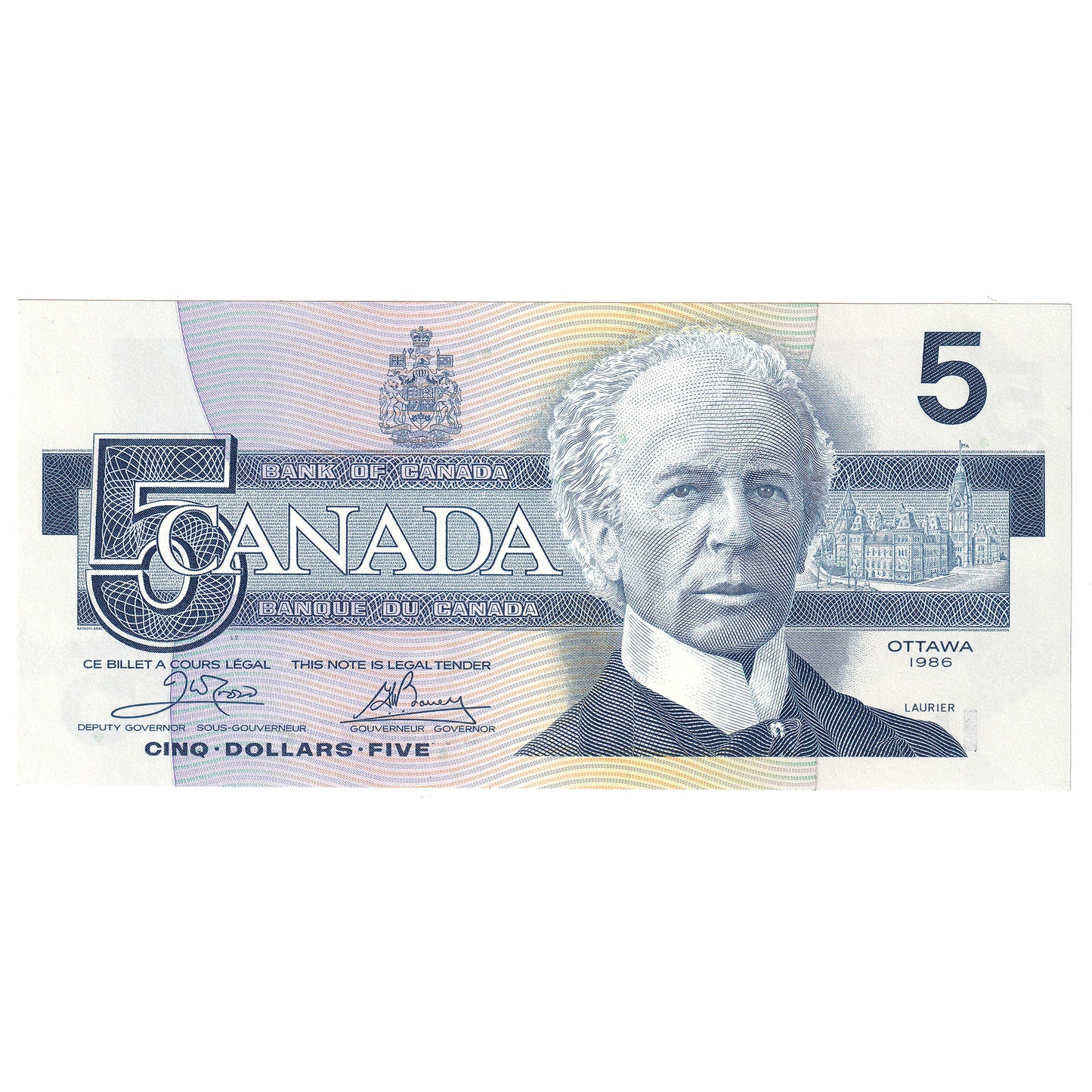 BC-56a-i 1986 Canada $5 Crow-Bouey, EON, Choice Uncirculated (CUNC63)