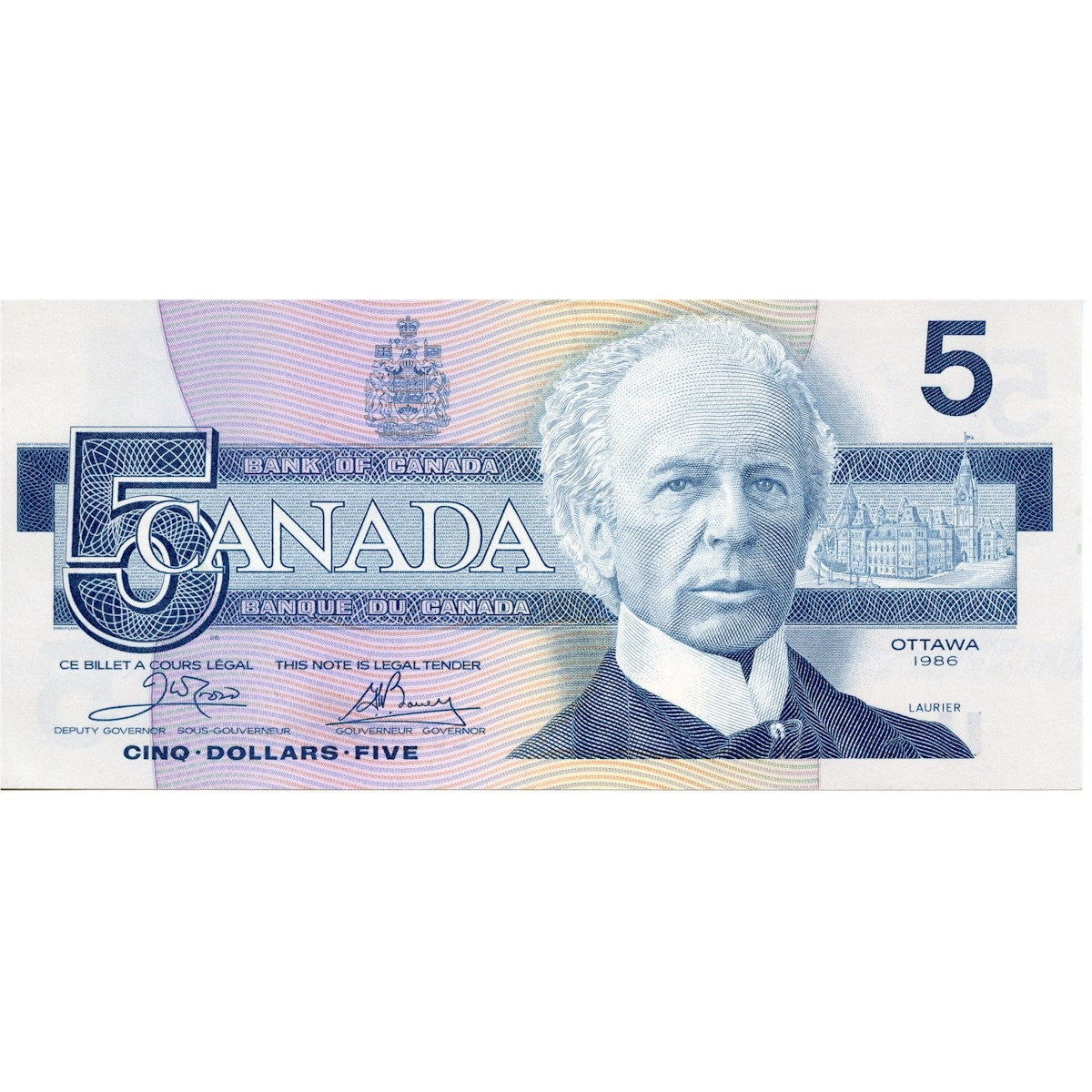 BC-56a-i 1986 Canada $5 Crow-Bouey, EOV, Almost Uncirculated (AU50)