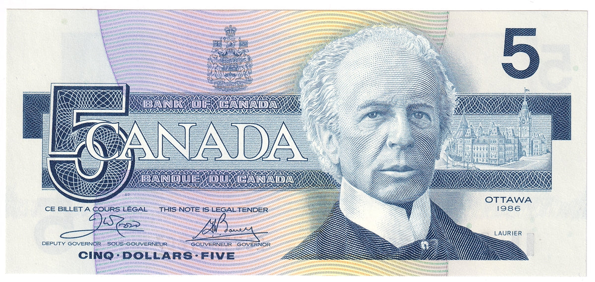 BC-56a-i 1986 Canada $5 Crow-Bouey, EOV, Choice Uncirculated (CUNC63)