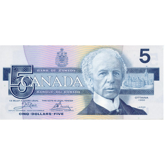 BC-56a-i 1986 Canada $5 Crow-Bouey, EOW, Almost Uncirculated (AU50)