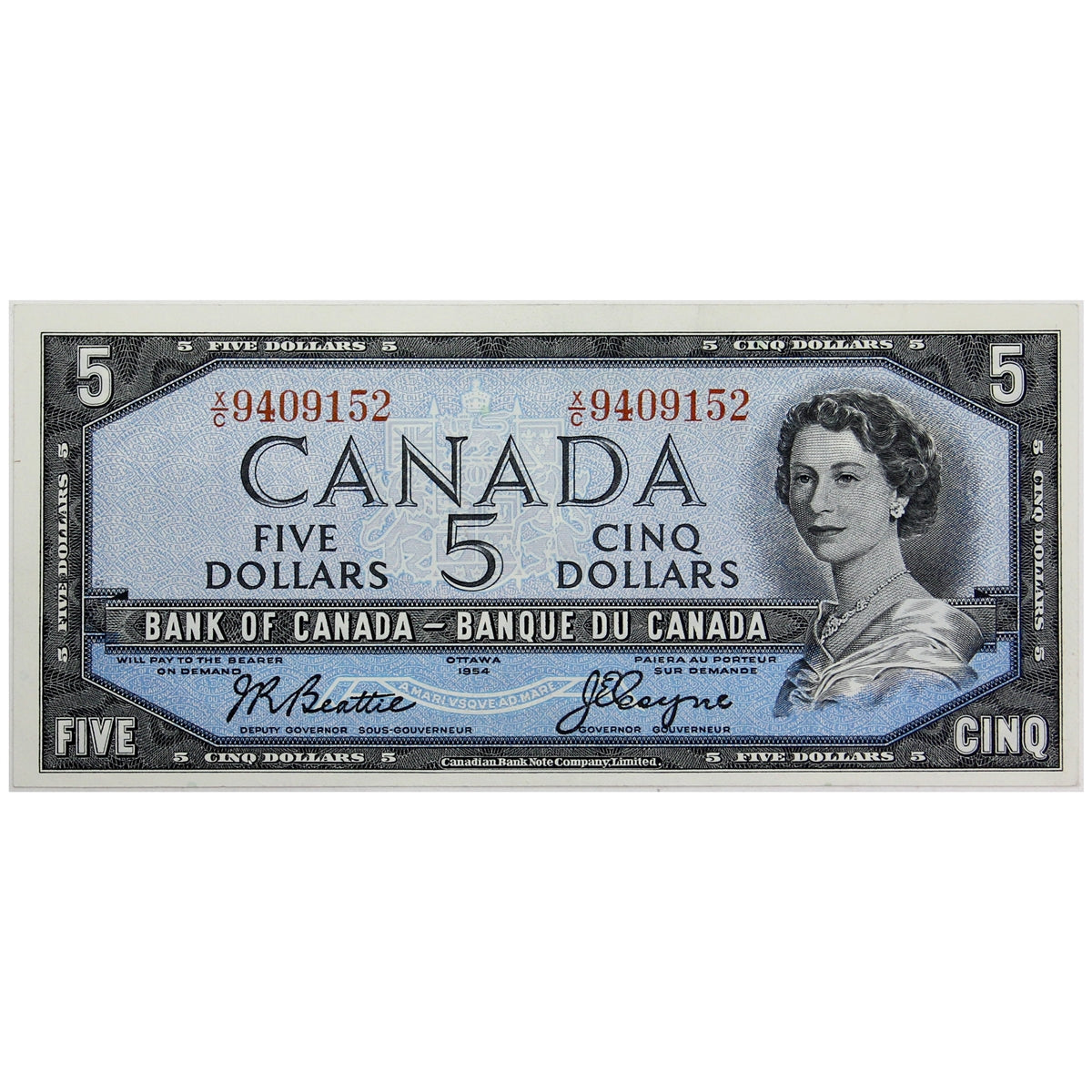 BC-39a-i 1954 Canada $5 Beattie-Coyne, X/C, AU-UNC (AU55)