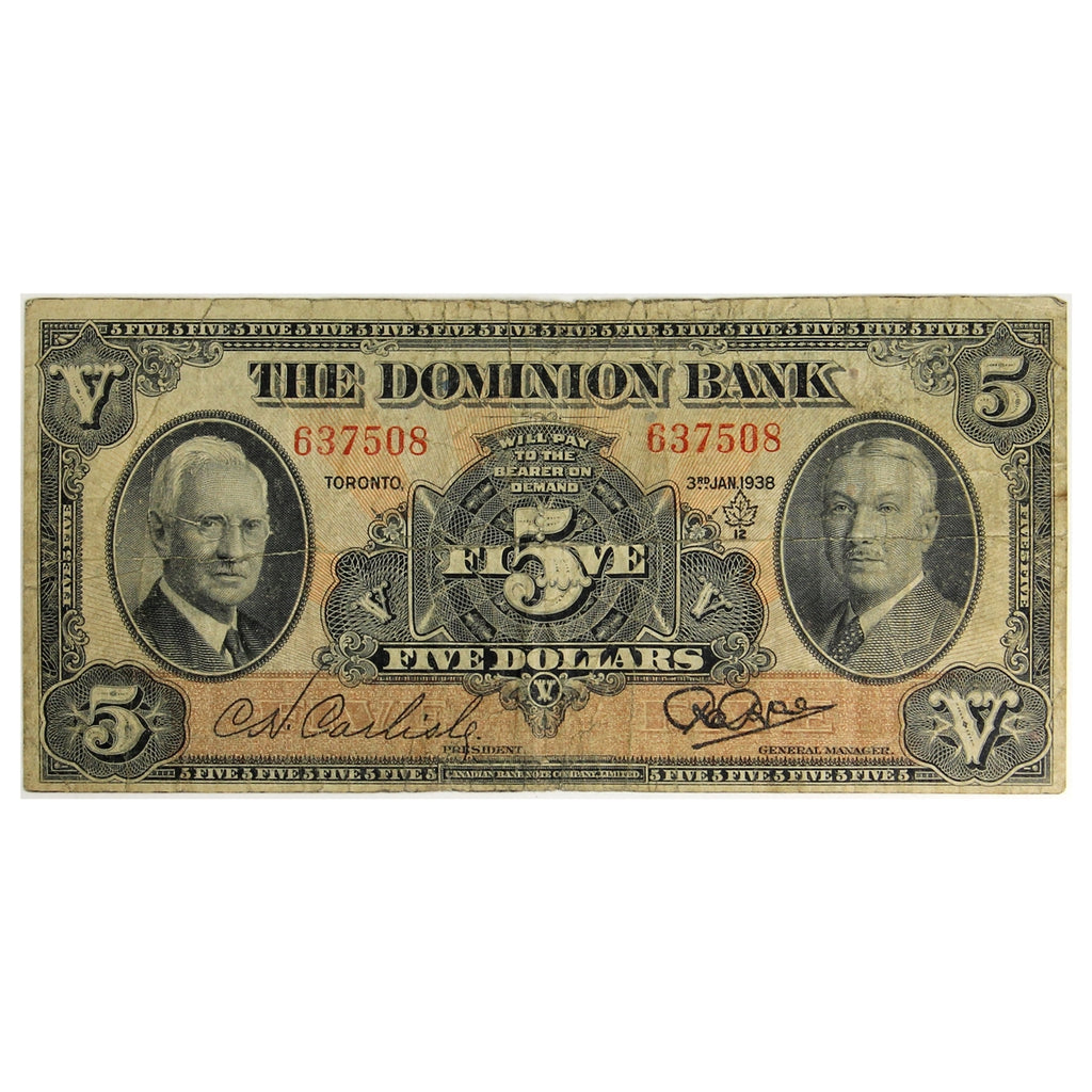 220-28-02 1938 The Dominion Bank $5 Carlisle-Rae, Fine (F12)