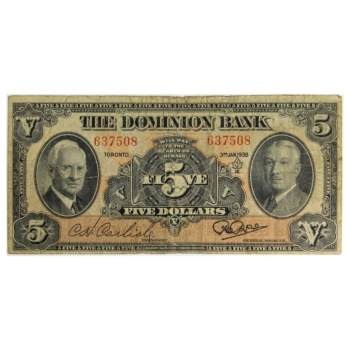220-28-02 1938 The Dominion Bank $5 Carlisle-Rae, Fine (F12)
