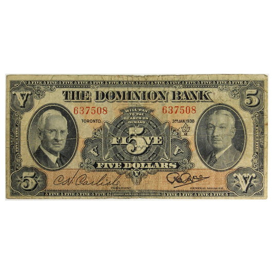 220-28-02 1938 The Dominion Bank $5 Carlisle-Rae, Fine (F12)