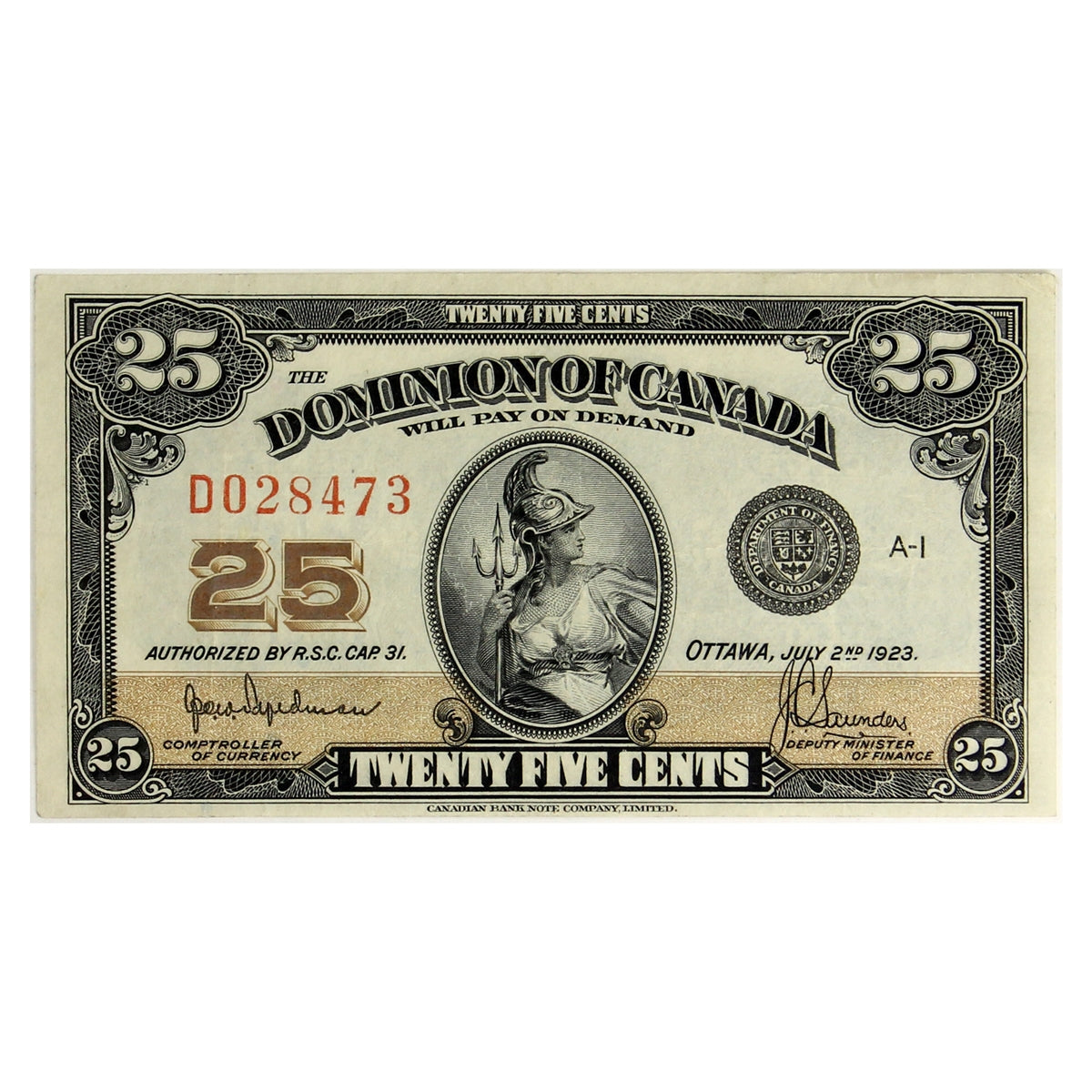 DC-24a 1923 Dominion 25-cent Shinplaster, Hyndman-Saunders, Authorized, VF-EF (VF30)