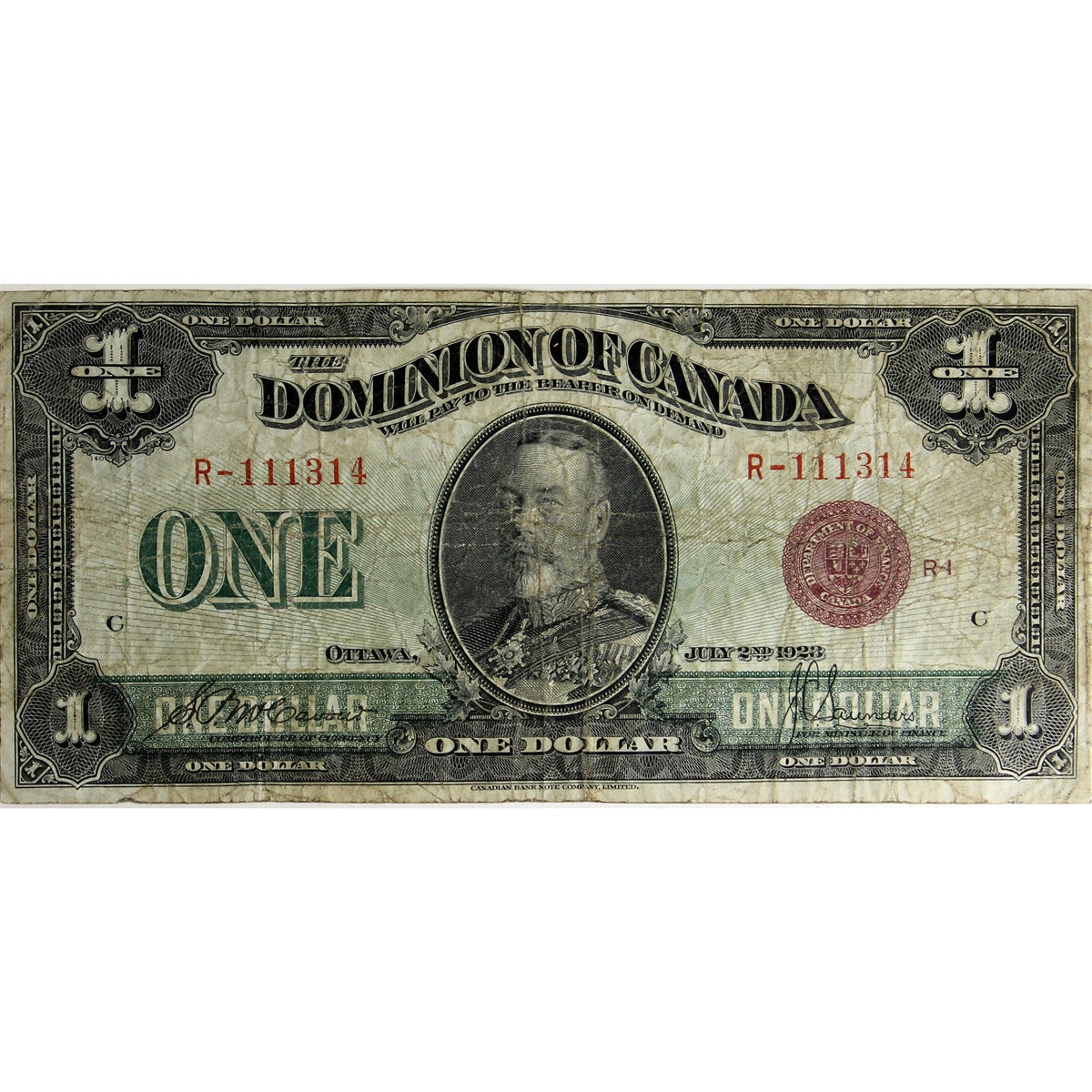 DC-25e 1923 Dominion $1 McCavour-Saunders, Bronze Seal, Group 1, Fine (F12)