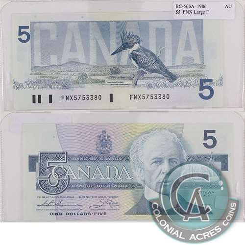 BC-56bA 1986 Canada $5 Thiessen-Crow, FNX, Large F, Almost Uncirculated (AU50)