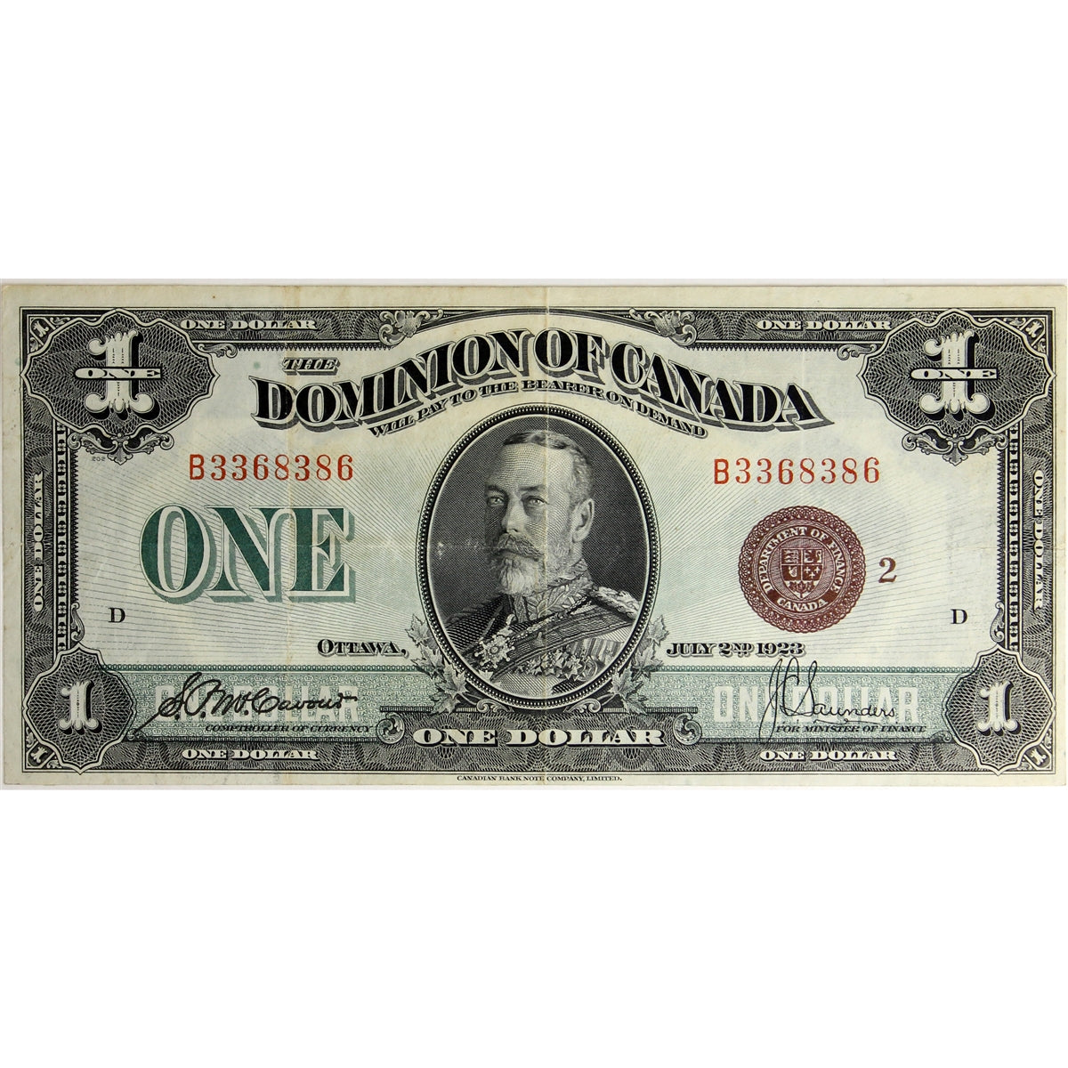 DC-25i 1923 Dominion $1 McCavour-Saunders, Bronze Seal, Group 2, Series B, Very Fine (VF20)