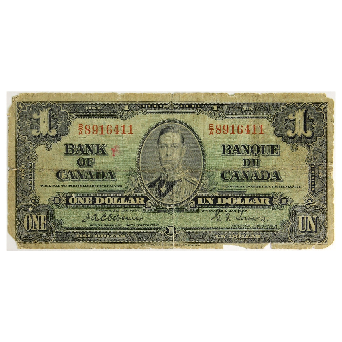 BC-21a 1937 Canada $1 Osborne-Towers, B/A, Circ