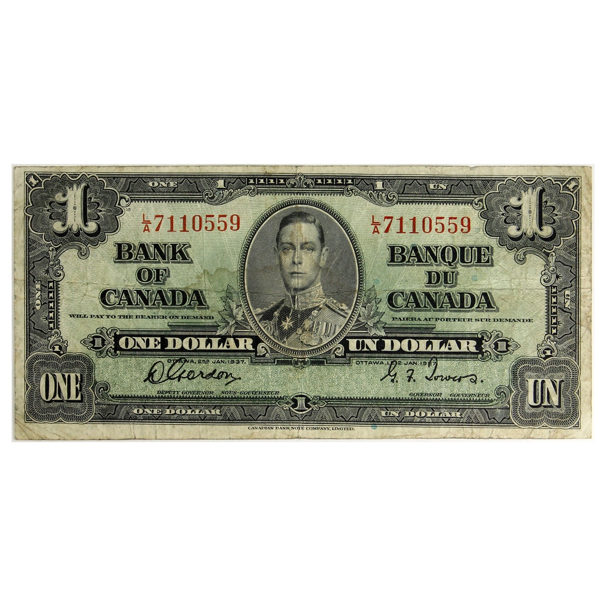 BC-21c 1937 Canada $1 Gordon-Towers, L/A, F