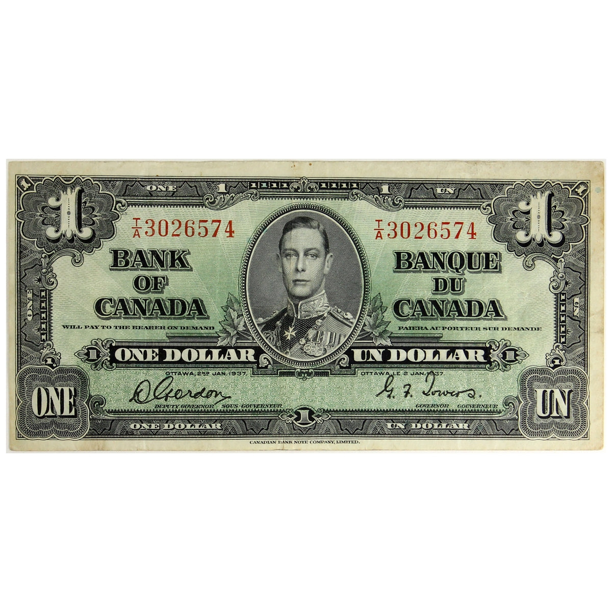 BC-21c 1937 Canada $1 Gordon-Towers, T/A, VF