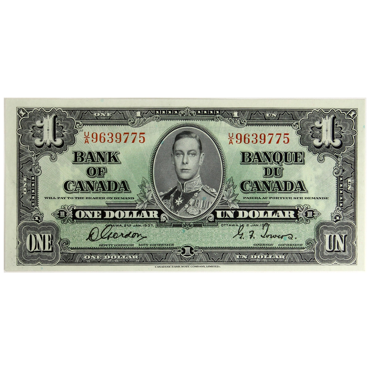 BC-21c 1937 Canada $1 Gordon-Towers, U/A, AU-UNC (AU55)