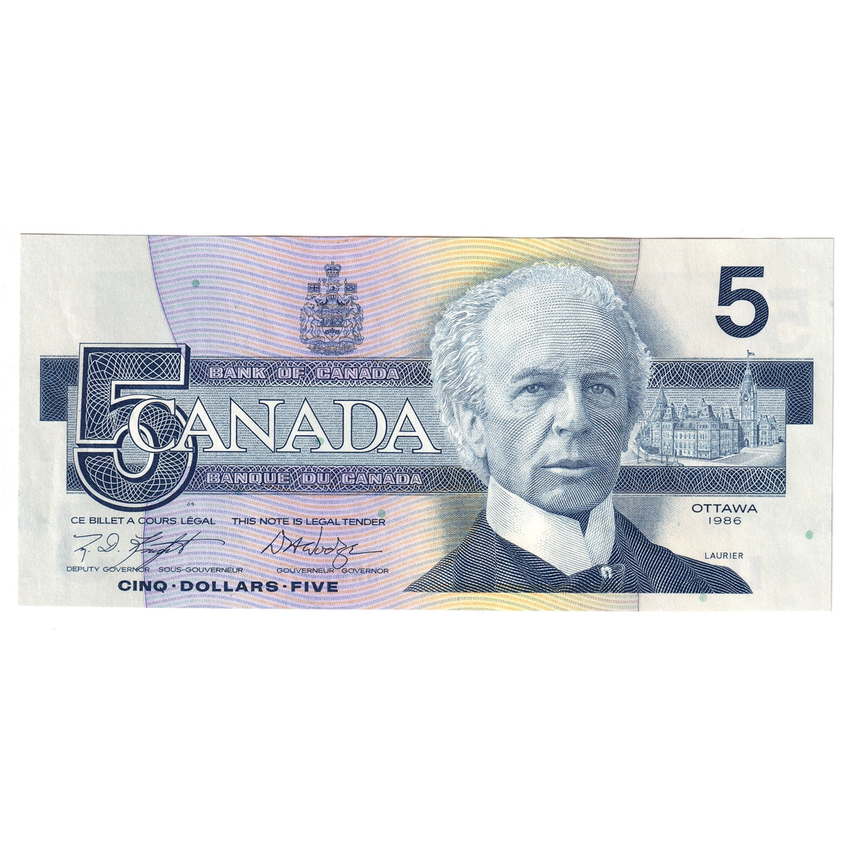 BC-56e 1986 Canada $5 Knight-Dodge, HNB, AU-UNC