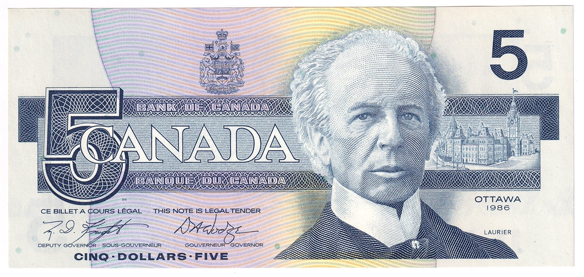 BC-56eA 1986 Canada $5 Knight-Dodge, GPZ (9.00-9.80), Choice Uncirculated (CUNC63)