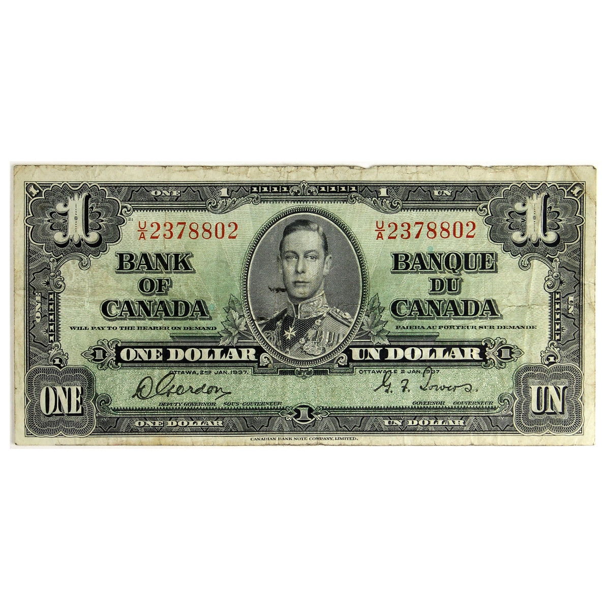 BC-21c 1937 Canada $1 Gordon-Towers, U/A, Fine (F12)