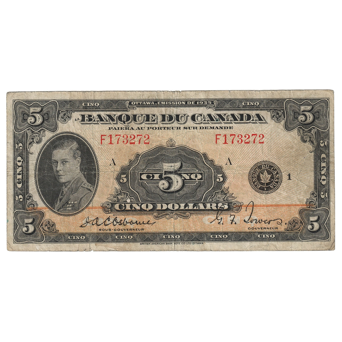 BC-6 1935 Canada $5 Osborne-Towers, French, VG-F (VG10)