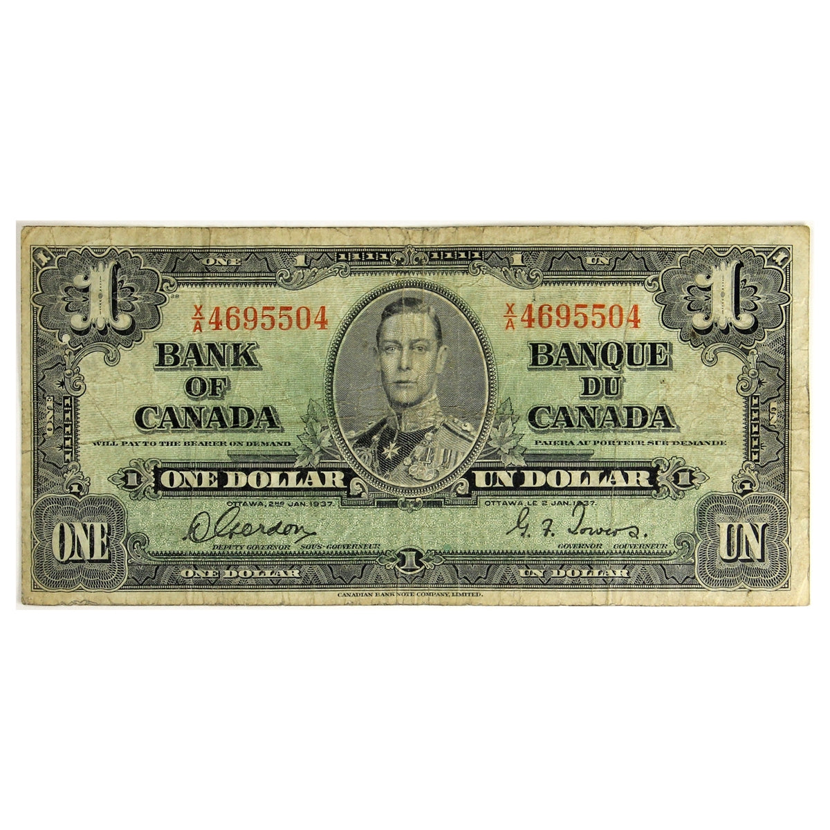 BC-21c 1937 Canada $1 Gordon-Towers, X/A, Circ