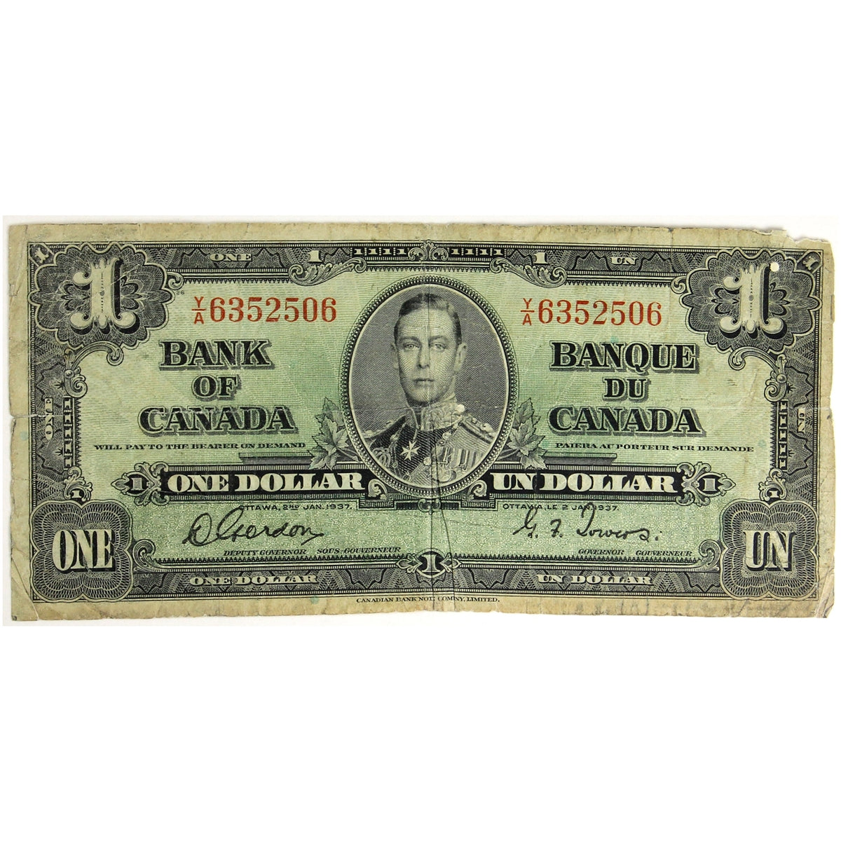 BC-21c 1937 Canada $1 Gordon-Towers, Y/A, Circ