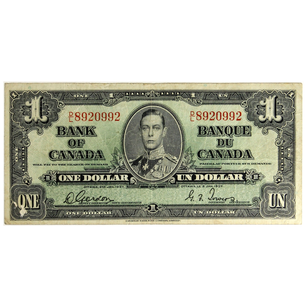BC-21c 1937 Canada $1 Gordon-Towers, D/L, Fine (F12)