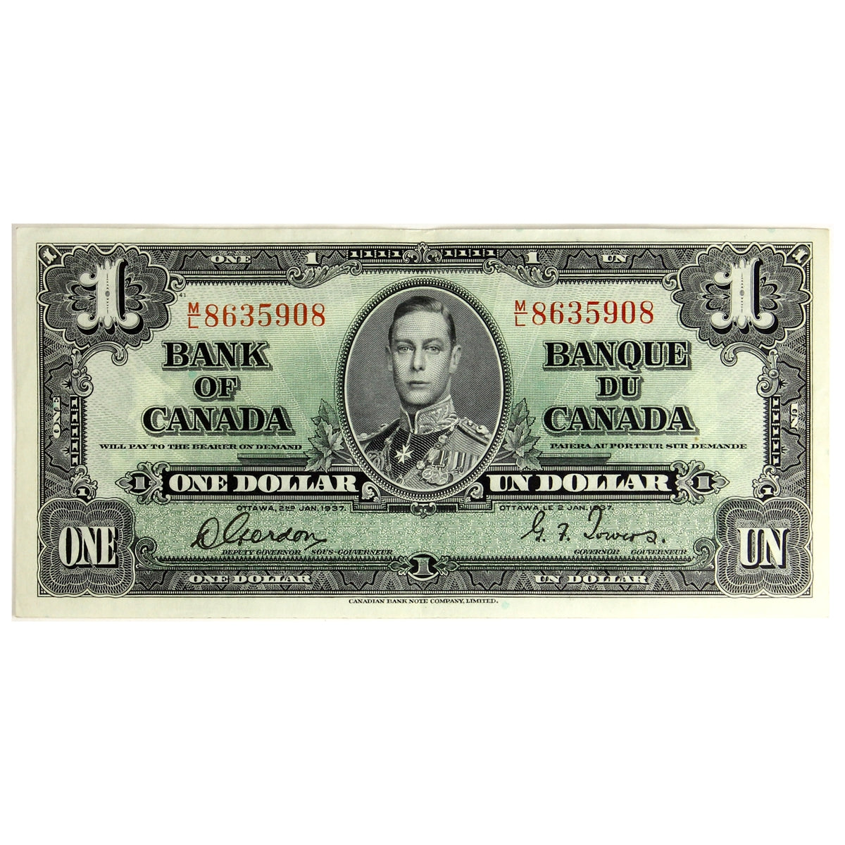 BC-21c 1937 Canada $1 Gordon-Towers, M/L, Extra Fine (EF40)