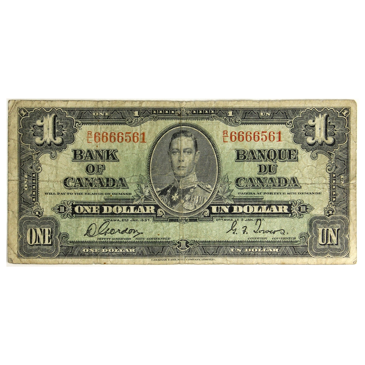 BC-21c 1937 Canada $1 Gordon-Towers, R/L, Circ