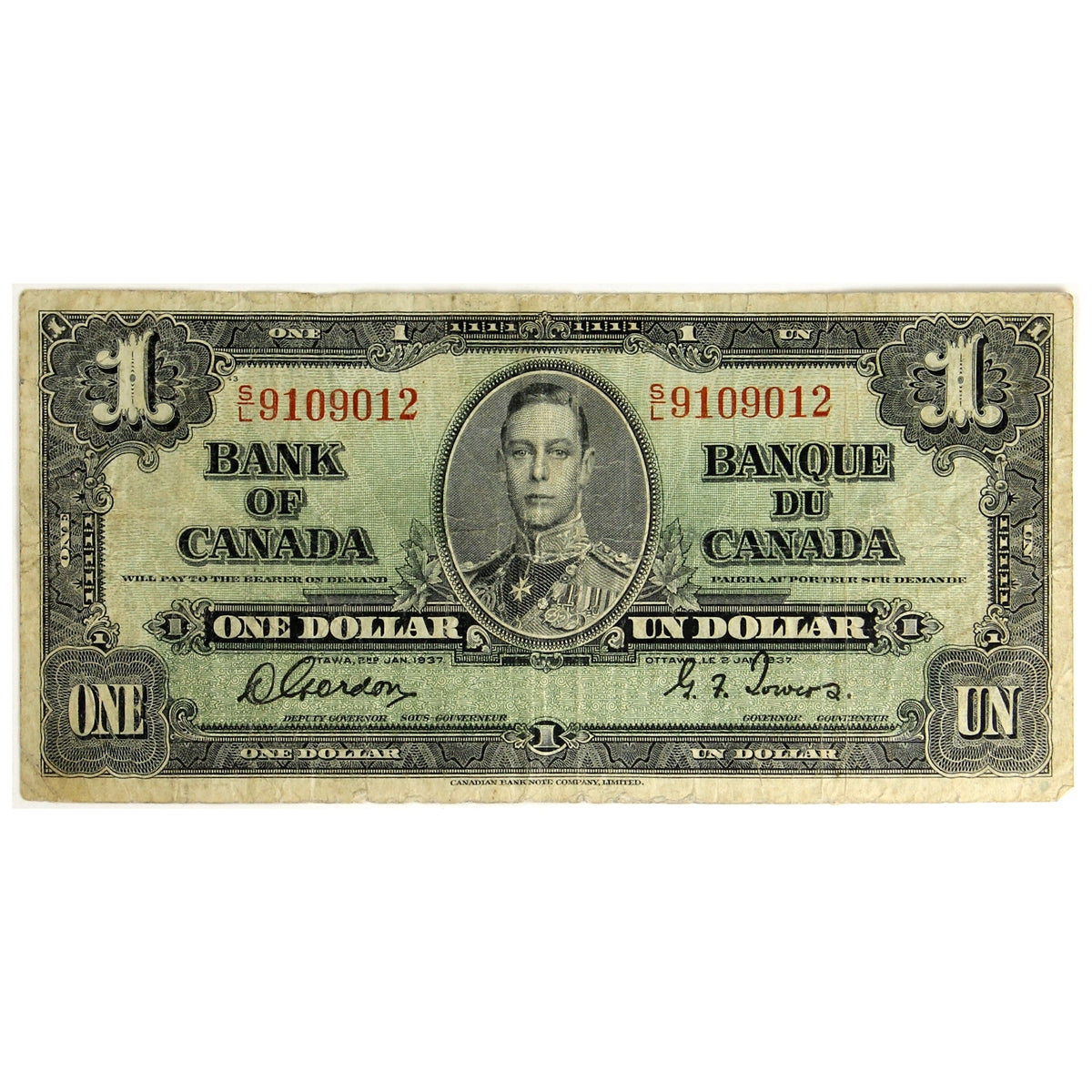BC-21c 1937 Canada $1 Gordon-Towers, S/L, Circ