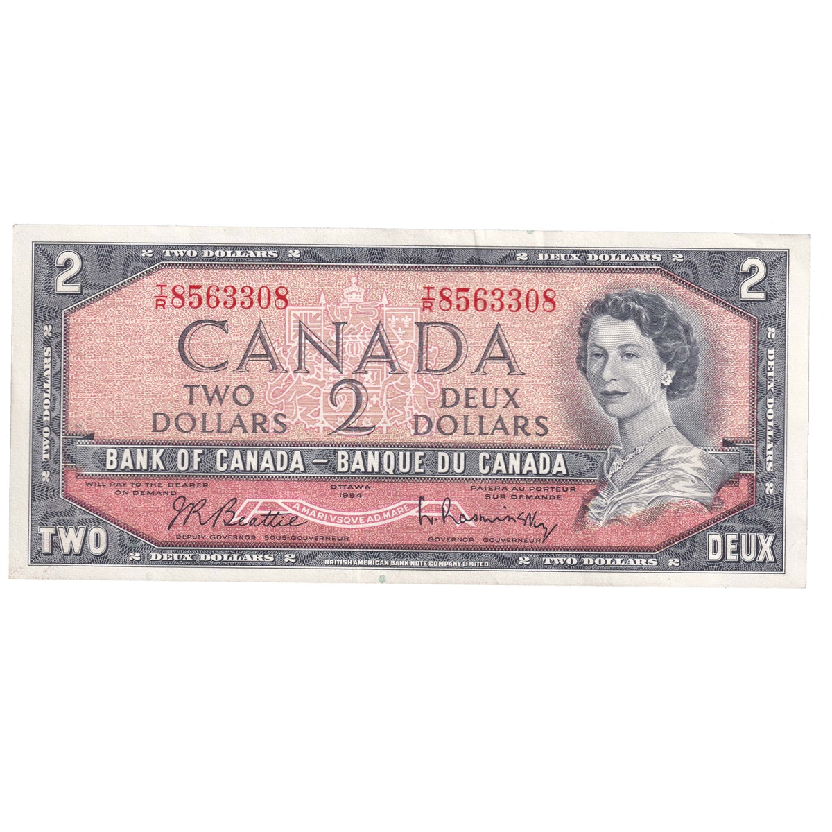 BC-38b 1954 Canada $2 Beattie-Rasminsky, T/R, Almost Uncirculated (AU50)