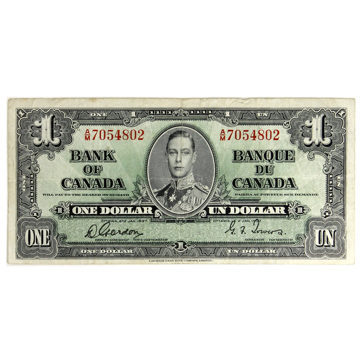 BC-21c 1937 Canada $1 Gordon-Towers, A/M, F-VF (F15)
