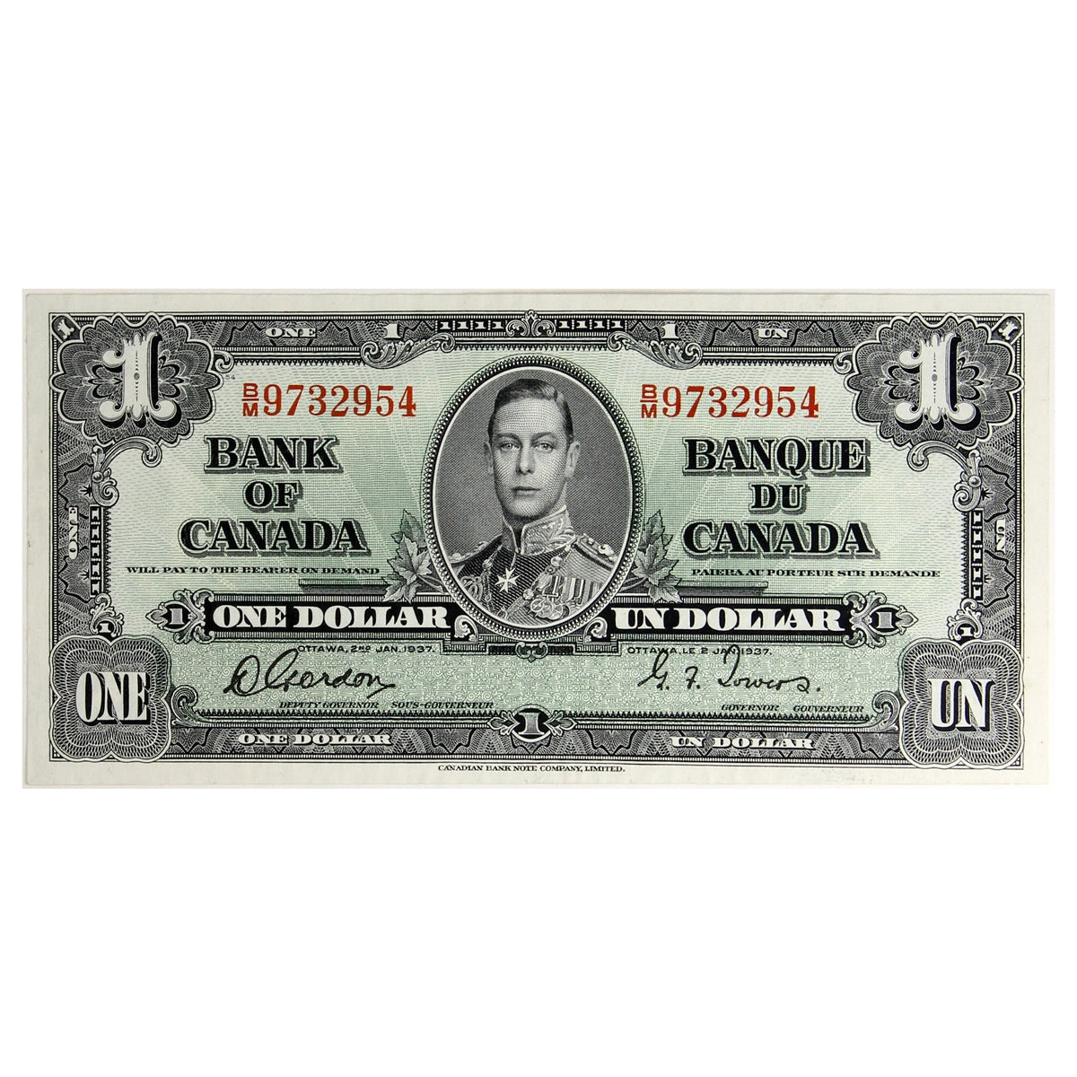BC-21c 1937 Canada $1 Gordon-Towers, B/M, Extra Fine (EF40)