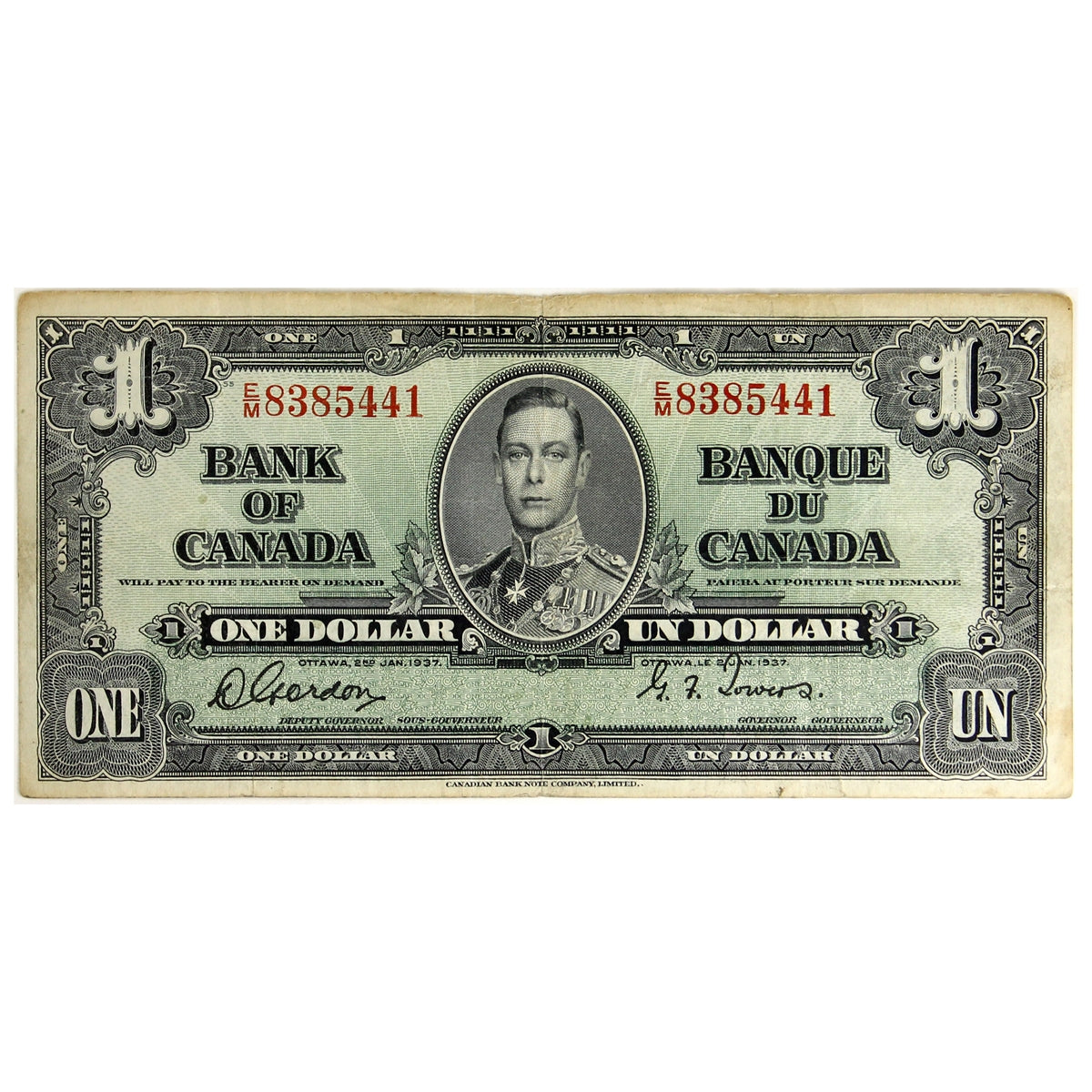 BC-21c 1937 Canada $1 Gordon-Towers, E/M, F-VF (F15)