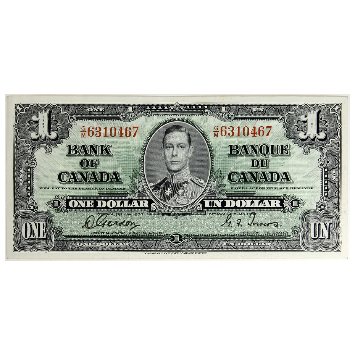 BC-21c 1937 Canada $1 Gordon-Towers, G/M, Almost Uncirculated (AU50)