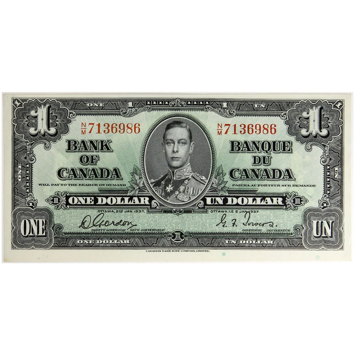 BC-21c 1937 Canada $1 Gordon-Towers, N/M, AU-UNC (AU55)